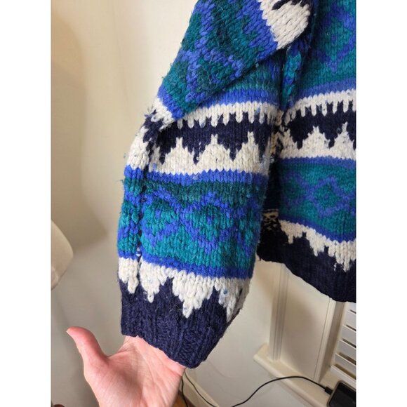 Mens Hand knit Wool Sweater Blue White Geometric Chunky Equador L Blike core - Picture 2 of 9